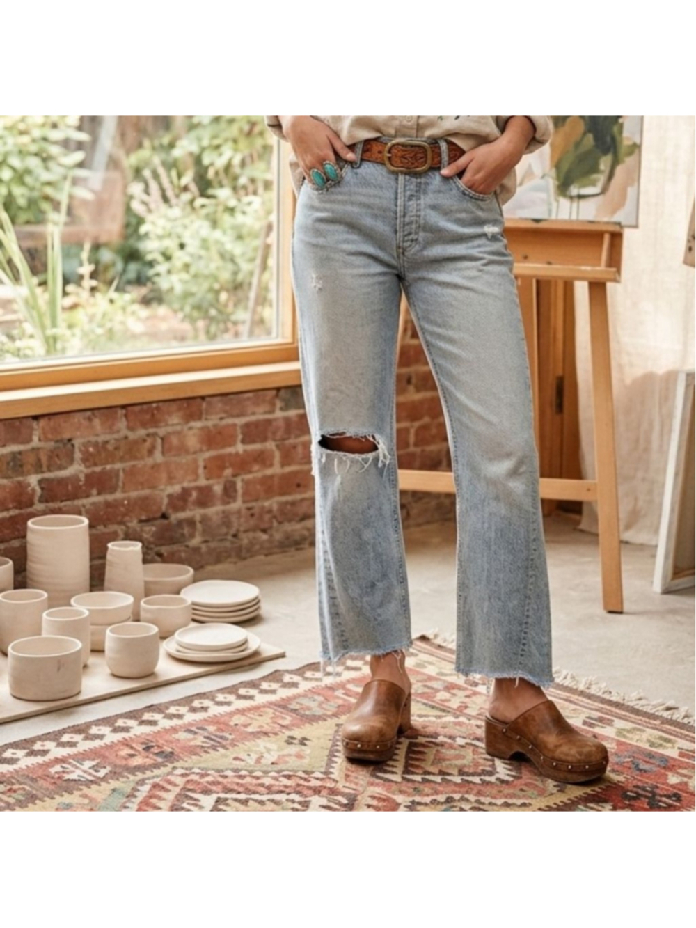 Pilcro and the Letterpress 31 - Light Wash Distressed Button Fly Straight Jeans
